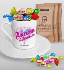 Kişiye Özel Benim Annem Bir Kahraman Tasarımlı Türk Kahvesi Fincanı Mehmet Efendi Kahve ve Haribo Şeker Hediye Seti-1