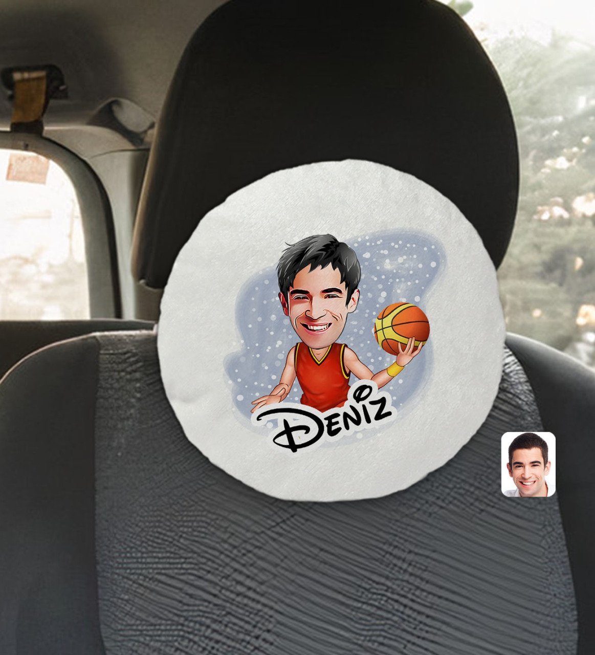 Kişiye Özel İsimli Erkek Basketbolcu Karikatürlü Yuvarlak Araç Koltuk Yastığı-1