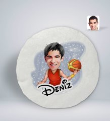 Kişiye Özel İsimli Erkek Basketbolcu Karikatürlü Yuvarlak Araç Koltuk Yastığı-1