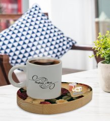 Kişiye Özel Çiçekler Tasarımlı Doğal Ahşap Tabaklı Türk Kahvesi Fincanı Sunum Seti Model 6
