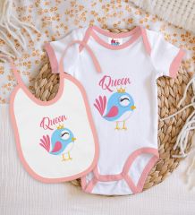 BK Kids Queen Tasarımlı Pembe Bebek Body Zıbın ve Mama Önlüğü Hediye Seti-1
