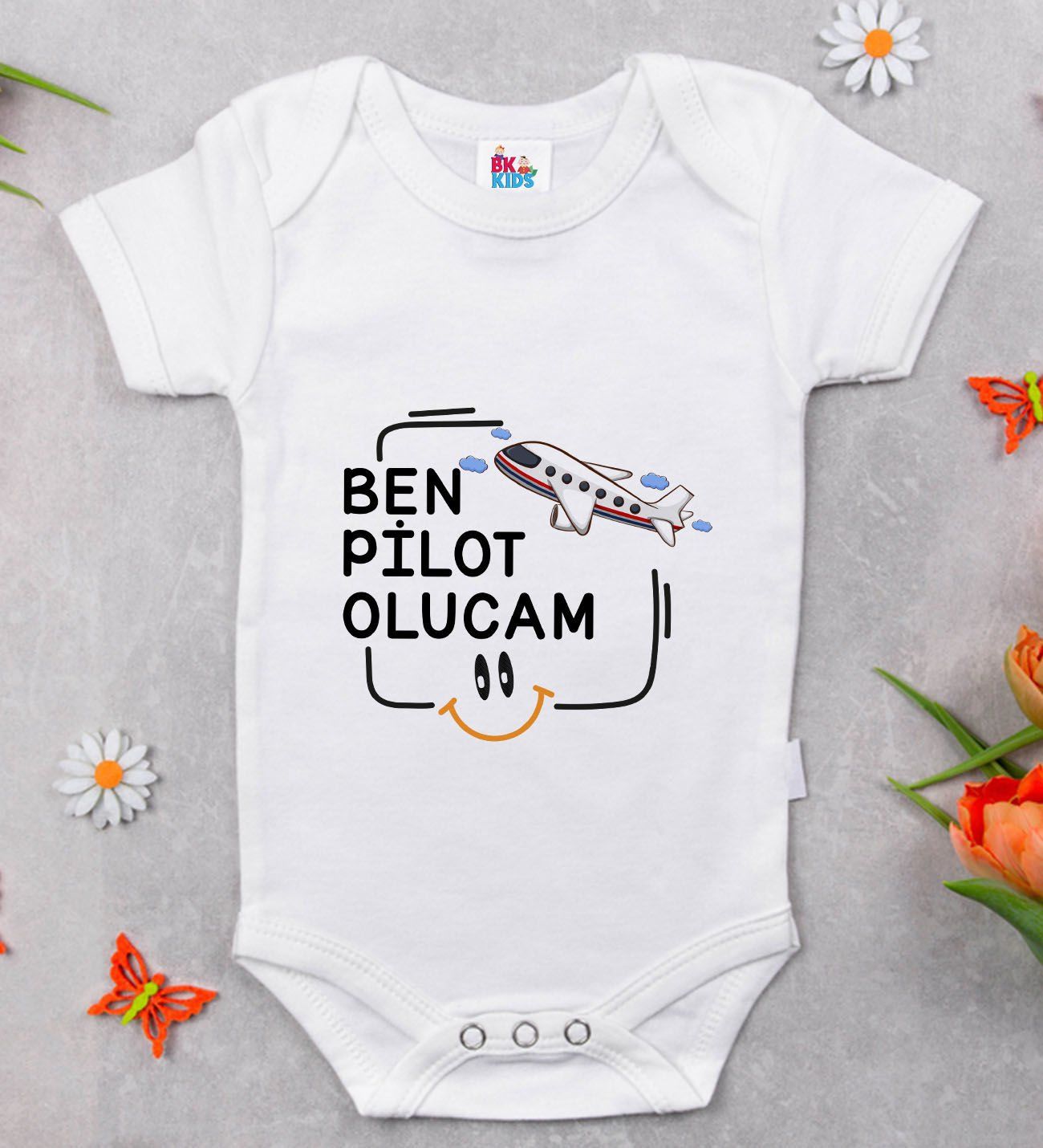 BK Kids Pilot Olucam Tasarımlı Beyaz Bebek Body Zıbın-1
