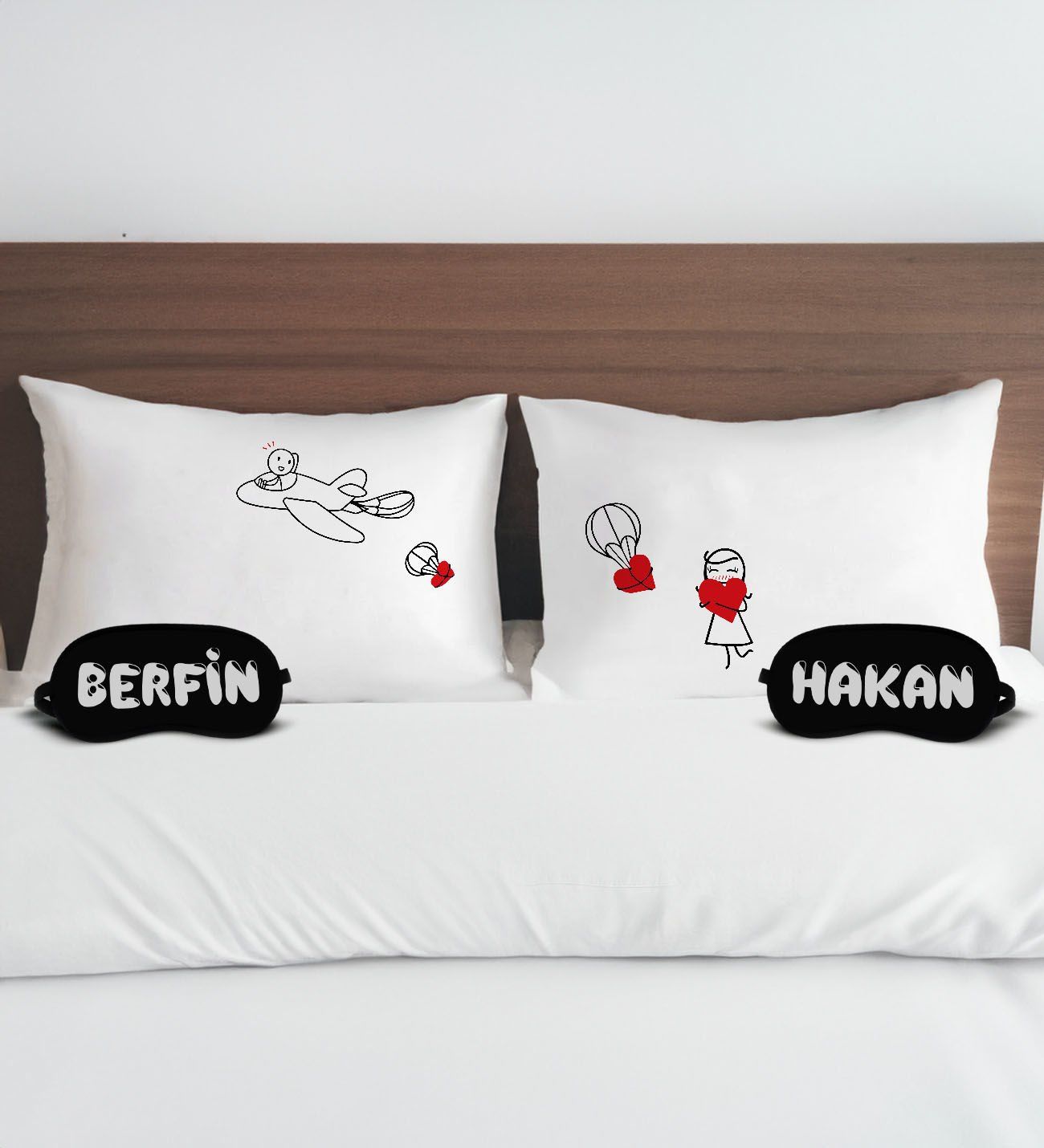 BK Gift Kişiye Özel Sevgili Tasarımlı Pamuklu Yastık Kılıfı ve Göz Bandı Çift Uyku Seti-1, Tasarım Ev Tekstili, Uyku Bandı, Ev Hediyesi