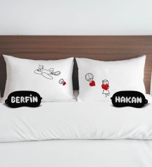 BK Gift Kişiye Özel Sevgili Tasarımlı Pamuklu Yastık Kılıfı ve Göz Bandı Çift Uyku Seti-1, Tasarım Ev Tekstili, Uyku Bandı, Ev Hediyesi