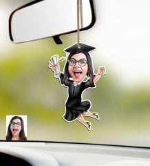 Kişiye Özel Bayan Mezun Karikatürlü Ahşap Araba Dikiz Ayna Süsü