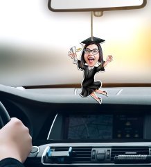 Kişiye Özel Bayan Mezun Karikatürlü Ahşap Araba Dikiz Ayna Süsü