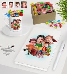 Kişiye Özel Yeni Yıl Aile Karikatürlü Beyaz Defter Kalem Türk Kahvesi Fincanı ve Kutulu Haribo Şeker Hediye Seti-6