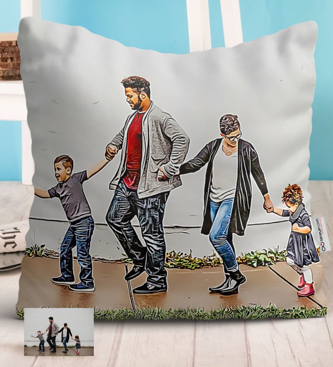 Kişiye Özel Tam Boy Aile Karikatürlü Beyaz Yastık-1