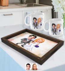 Kişiye Özel Evleniyoruz Karikatürlü Doğal Ahşap Tepsi ve 2’li Kupa Bardak Seti-6