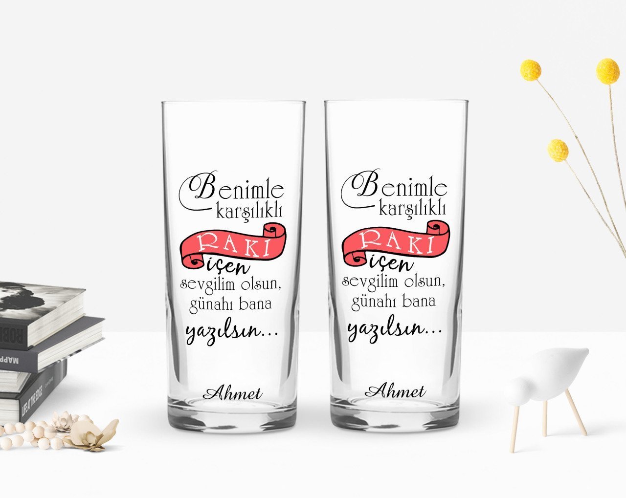 Kişiye Özel Renkli Baskılı Karşılıklı Rakı Tasarımlı İkili Rakı Bardağı Seti-1