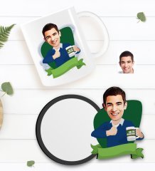 Kişiye Özel Erkek En İyi Öğretmen Karikatürlü Beyaz Kupa ve Ahşap Bardak Altlığı Hediye Seti-1