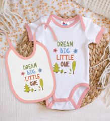 BK Kids Big Little One Tasarımlı Pembe Bebek Body Zıbın ve Mama Önlüğü Hediye Seti-1