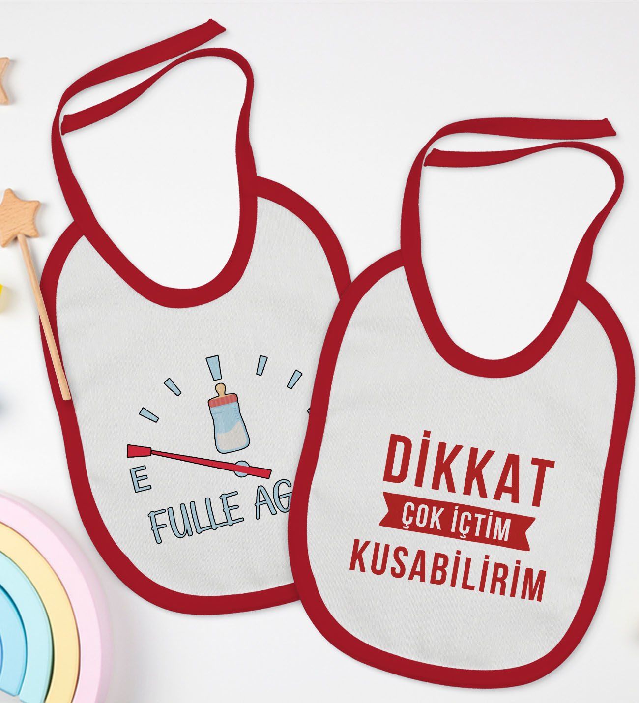 BK Kids Fulle Aganı ve Kusabilirim Tasarımlı 2’li Kırmızı Mama Önlüğü-1