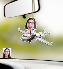 Kişiye Özel Bayan Kaptan Pilot Karikatürlü Ahşap Araba Dikiz Ayna Süsü