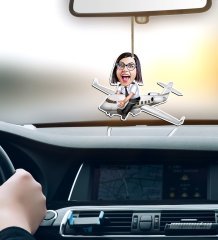 Kişiye Özel Bayan Kaptan Pilot Karikatürlü Ahşap Araba Dikiz Ayna Süsü