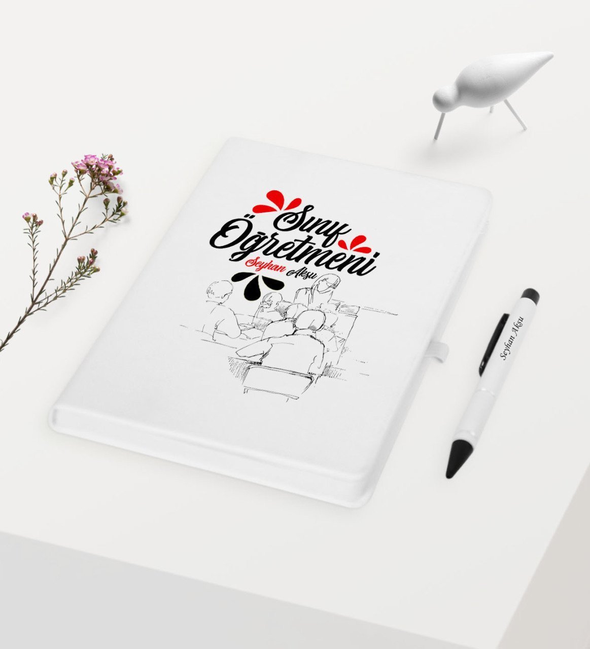 Kişiye Özel Sınıf Öğretmeni Temalı Beyaz Defter Kalem Hediye Seti - 1