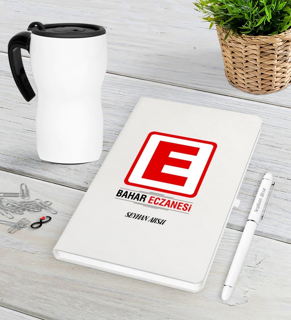 Kişiye Özel Eczane Beyaz Defter Kalem Termos Mug Seti-1