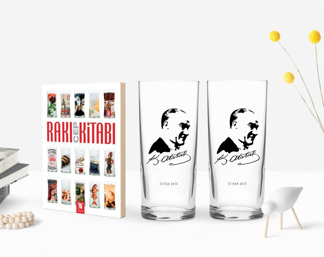 Kişiye Özel Renkli Baskılı Atatürk Temalı İkili Rakı Bardağı ve Rakı Cep Kitabı Hediye Seti-26