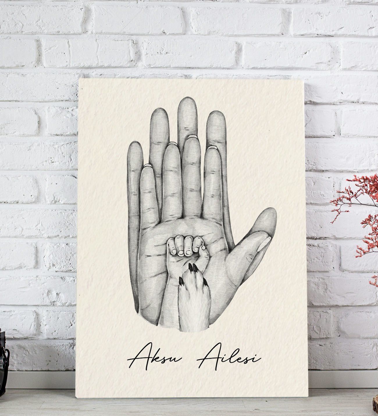 BK Gift Kişiye Özel El Ele Tutuşan Aile Tasarımlı Siyah Beyaz Kanvas Tablo-6 20x30, Anneye Hediye, Aile Hediyesi