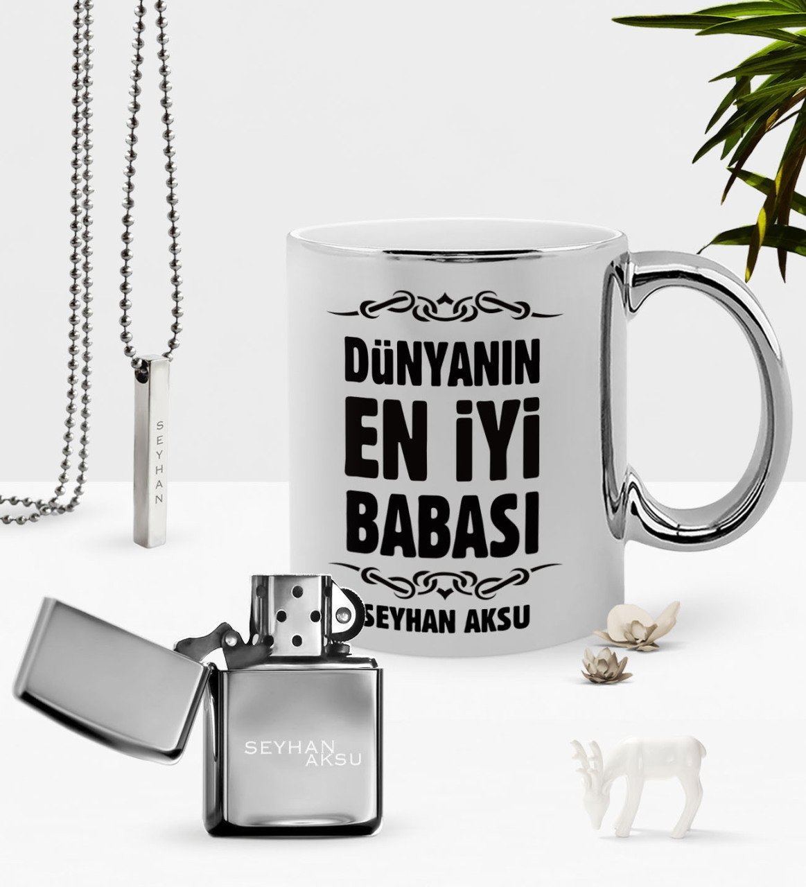 Kişiye Özel Dünyanın En İyi Babası Krom Kupa Benzinli Çakmak Kolye Seti-6