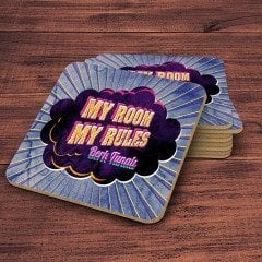 Kişiye Özel Retro My Room My Rules Tasarımlı Ahşap Bardak Altlığı - 1 (2 Adet)