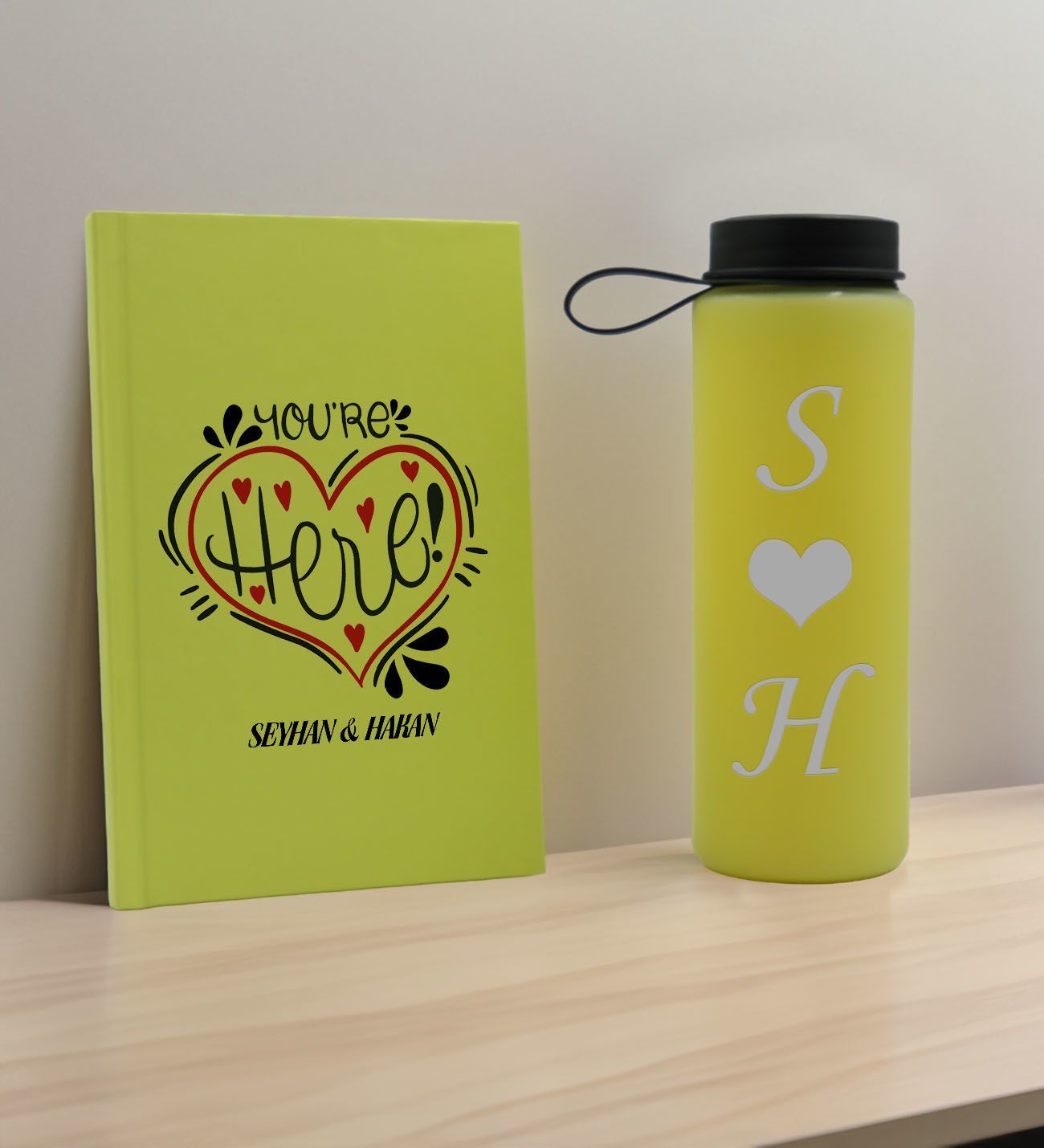 BK Gift Sevgiliye Özel İsimli Sarı Defter ve Cam Matara Hediye Seti-12, Sevgiliye Hediye, Sevgililer Günü, Yeni İş Hediyesi