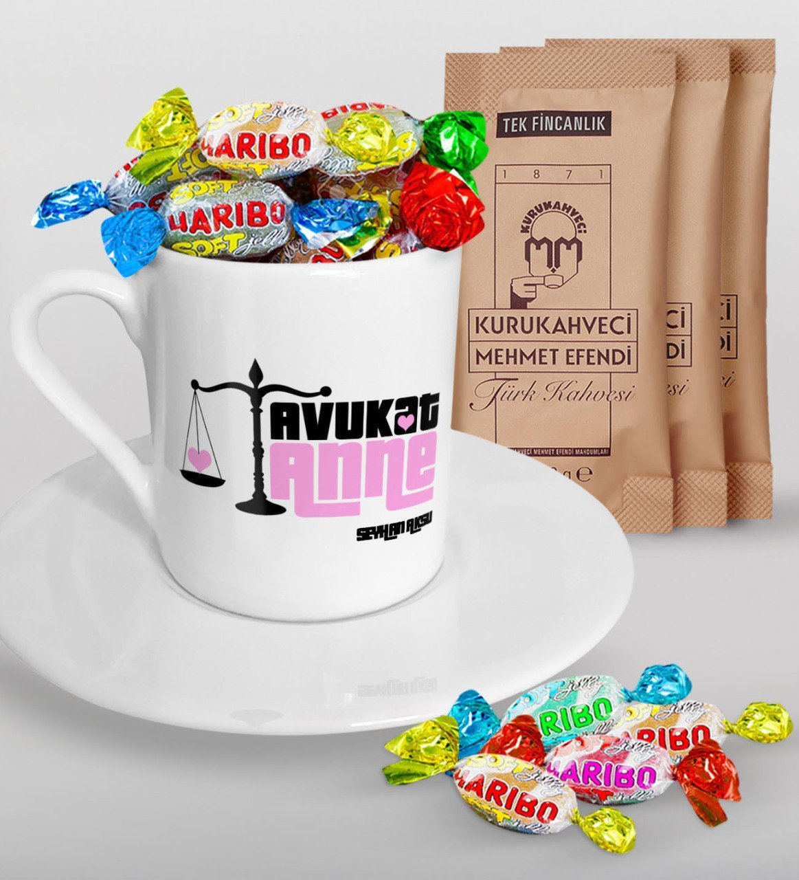 Kişiye Özel Avukat Anne Tasarımlı Türk Kahvesi Fincanı Mehmet Efendi Kahve ve Haribo Şeker Hediye Seti-2