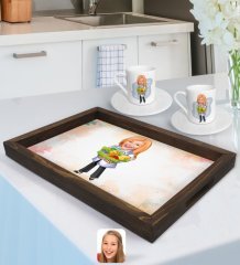 Kişiye Özel Kadın Diyetisyen Karikatürlü Doğal Ahşap Tepsi ve 2’li Kahve Fincan Seti-1