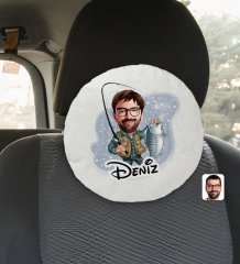 Kişiye Özel İsimli Erkek Balıkçı Karikatürlü Yuvarlak Araç Koltuk Yastığı-1