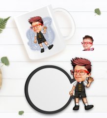 Kişiye Özel Erkek Çocuk Karikatürlü Beyaz Kupa ve Ahşap Bardak Altlığı Hediye Seti-2