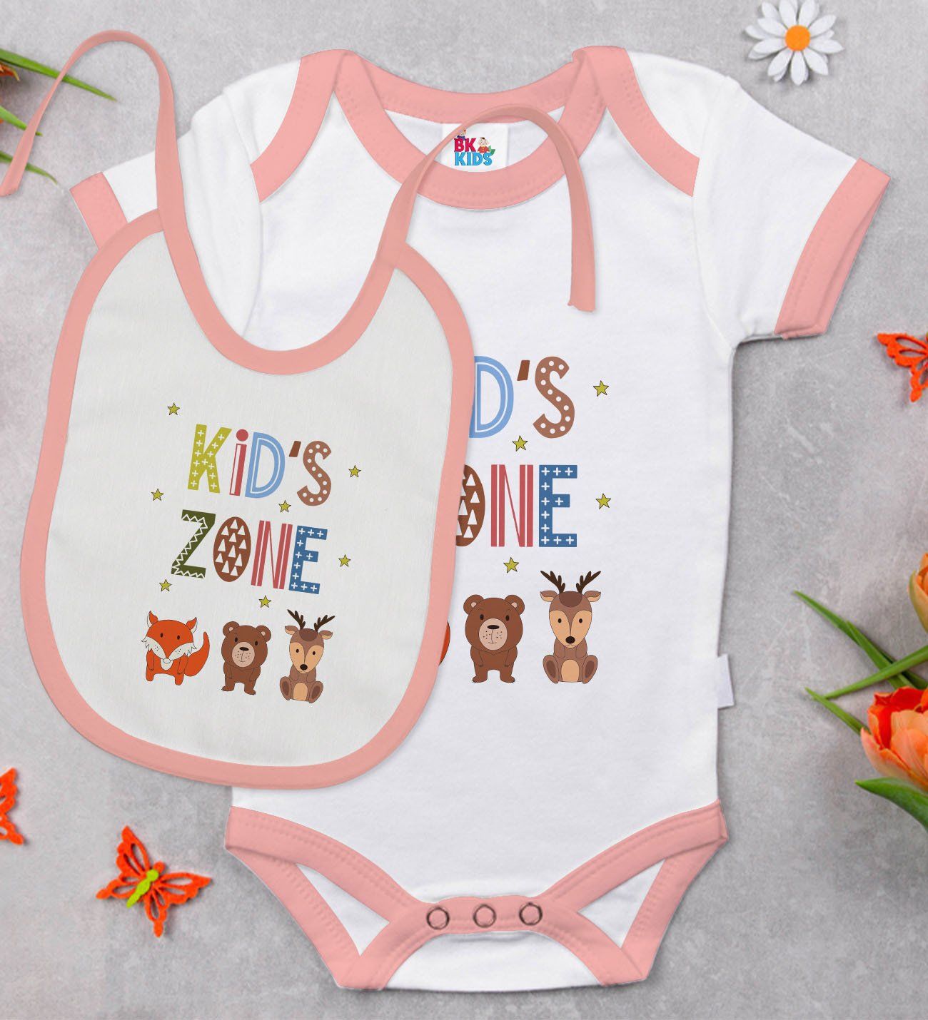BK Kids Kid's Zone Tasarımlı Pembe Bebek Body Zıbın ve Mama Önlüğü Hediye Seti-1
