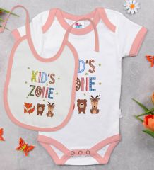 BK Kids Kid's Zone Tasarımlı Pembe Bebek Body Zıbın ve Mama Önlüğü Hediye Seti-1