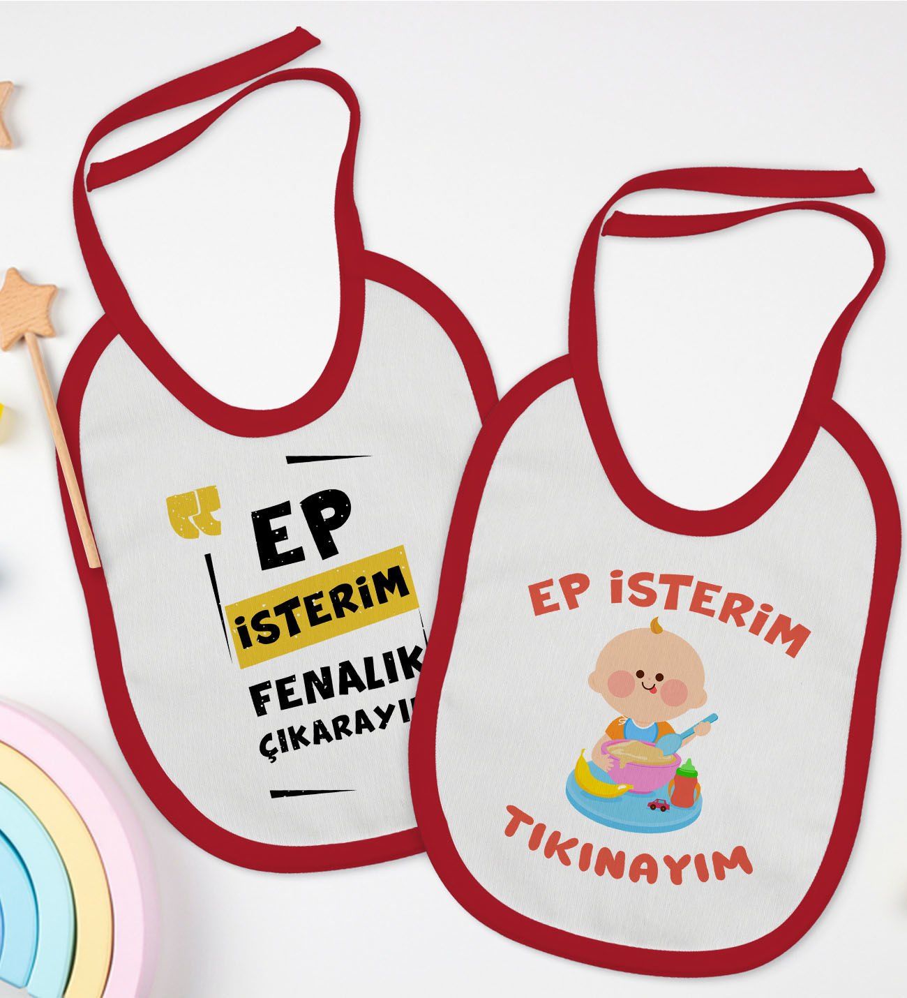 BK Kids Ep İsterim Tasarımlı 2’li Kırmızı Mama Önlüğü-2