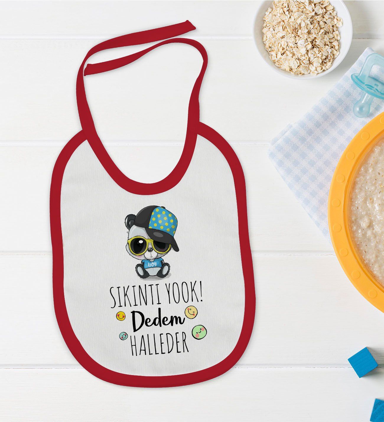 BK Kids Sıkıntı Yok Dedem Halleder Tasarımlı Kırmızı Bebek Mama Önlüğü-1