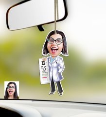 Kişiye Özel Bayan Göz Doktoru Karikatürlü Ahşap Araba Dikiz Ayna Süsü