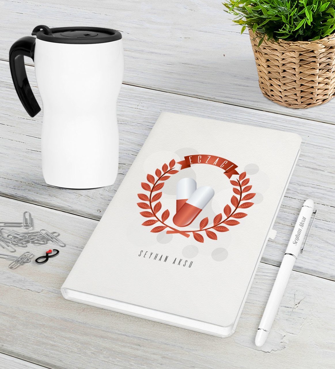 Kişiye Özel Eczacı Beyaz Defter Kalem Termos Mug Seti-9