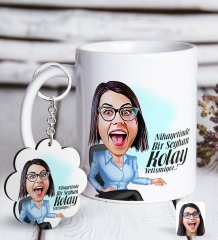 Kişiye Özel Bayan Kolay Yetişmiyor Karikatürlü Beyaz Kupa ve Anahtarlık Hediye Seti-2