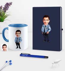 Kişiye Özel Bay Polis Karikatürlü Lacivert Defter Kalem Kupa Seti - 1