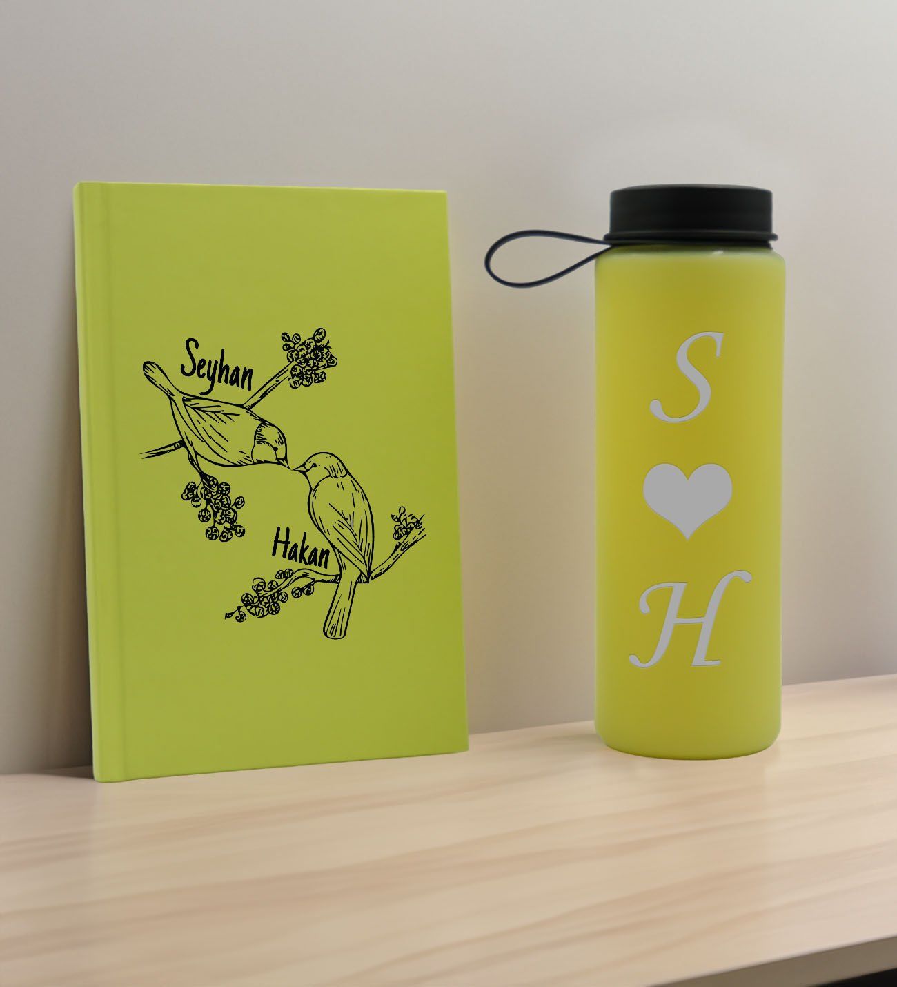 BK Gift Sevgiliye Özel İsimli Sarı Defter ve Cam Matara Hediye Seti-11, Sevgiliye Hediye, Sevgililer Günü, Yeni İş Hediyesi