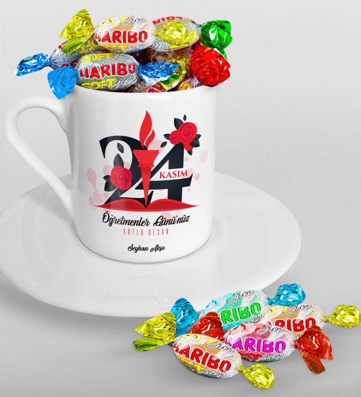 Kişiye Özel Öğretmenler Gününüz Kutlu Olsun Türk Kahvesi Fincanı ve Haribo Şeker Hediye Seti-1