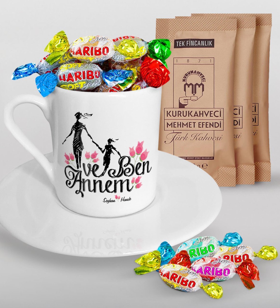 Kişiye Özel Annem ve Ben Tasarımlı Türk Kahvesi Fincanı Mehmet Efendi Kahve ve Haribo Şeker Hediye Seti-1