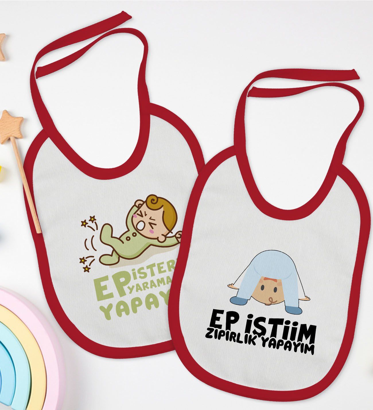 BK Kids Ep İsterim Tasarımlı 2’li Kırmızı Mama Önlüğü-1