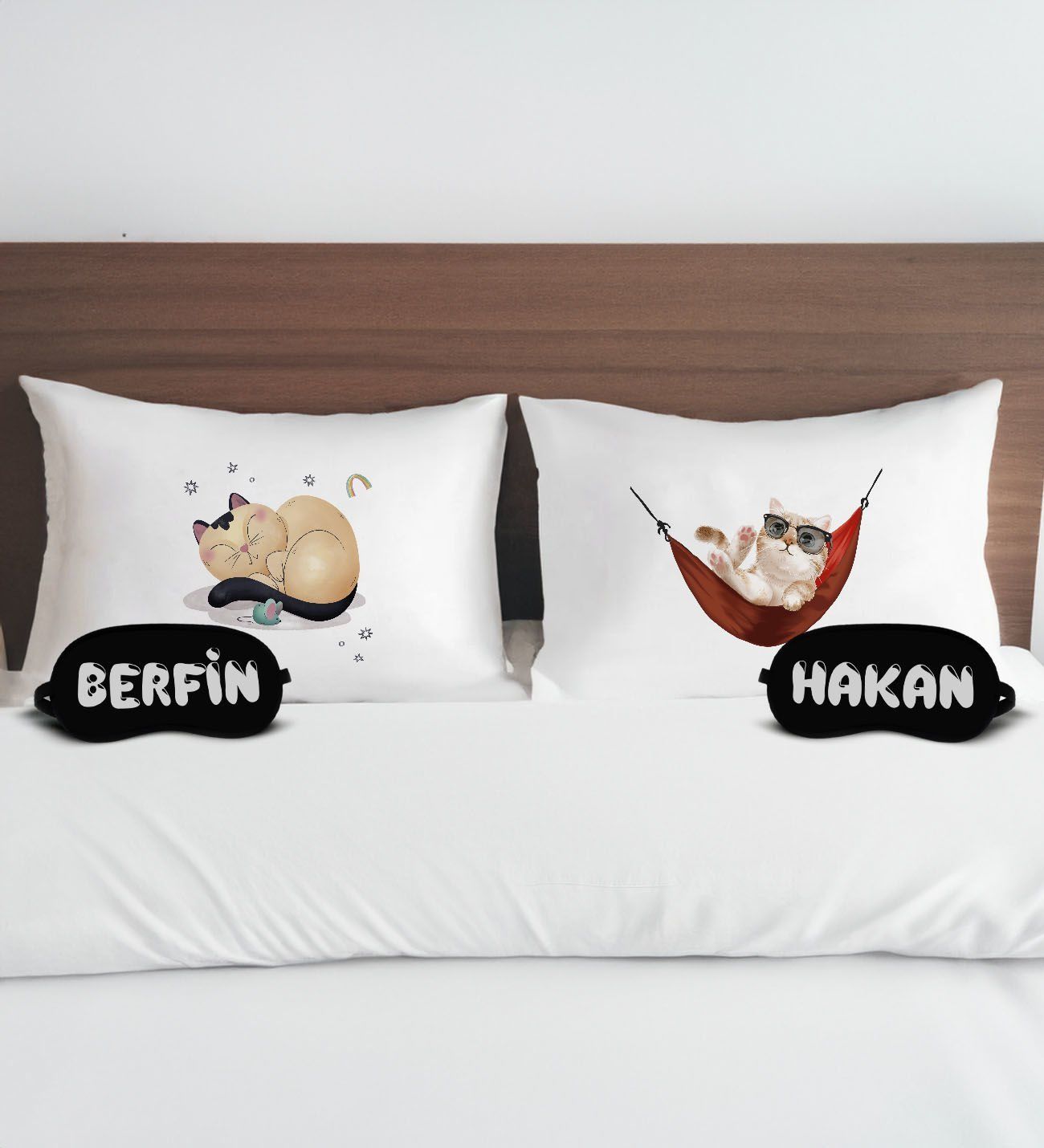 BK Gift Kişiye Özel Eğlenceli Kedi Tasarımlı Pamuklu Yastık Kılıfı ve Göz Bandı Çift Uyku Seti-2, Tasarım Ev Tekstili, Uyku Bandı, Ev Hediyesi