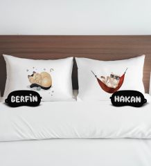 BK Gift Kişiye Özel Eğlenceli Kedi Tasarımlı Pamuklu Yastık Kılıfı ve Göz Bandı Çift Uyku Seti-2, Tasarım Ev Tekstili, Uyku Bandı, Ev Hediyesi