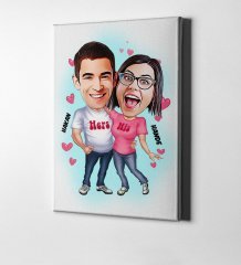 Kişiye Özel Sevgililer Karikatür Kanvas Tablo (50 x 70 cm.) 5