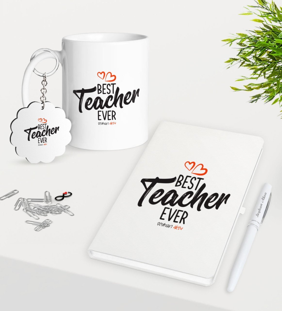 Kişiye Özel En İyi Öğretmen Kupa Anahtarlık Beyaz Defter Kalem Hediye Seti-13