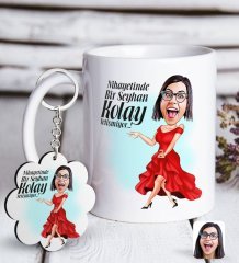 Kişiye Özel Bayan Kolay Yetişmiyor Karikatürlü Beyaz Kupa ve Anahtarlık Hediye Seti-1