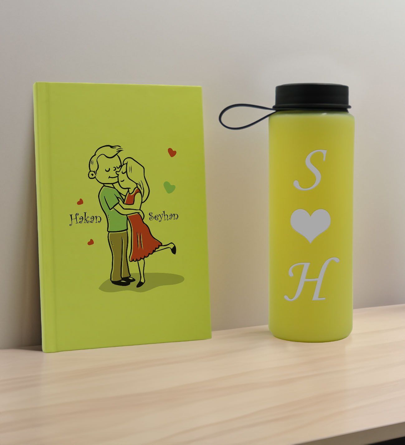 BK Gift Sevgiliye Özel İsimli Sarı Defter ve Cam Matara Hediye Seti-10, Sevgiliye Hediye, Sevgililer Günü, Yeni İş Hediyesi