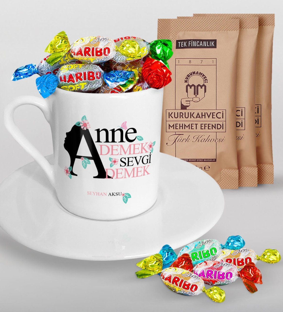 Kişiye Özel Anne Demek Sevgi Demek Tasarımlı Türk Kahvesi Fincanı Mehmet Efendi Kahve ve Haribo Şeker Hediye Seti-1