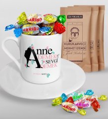 Kişiye Özel Anne Demek Sevgi Demek Tasarımlı Türk Kahvesi Fincanı Mehmet Efendi Kahve ve Haribo Şeker Hediye Seti-1